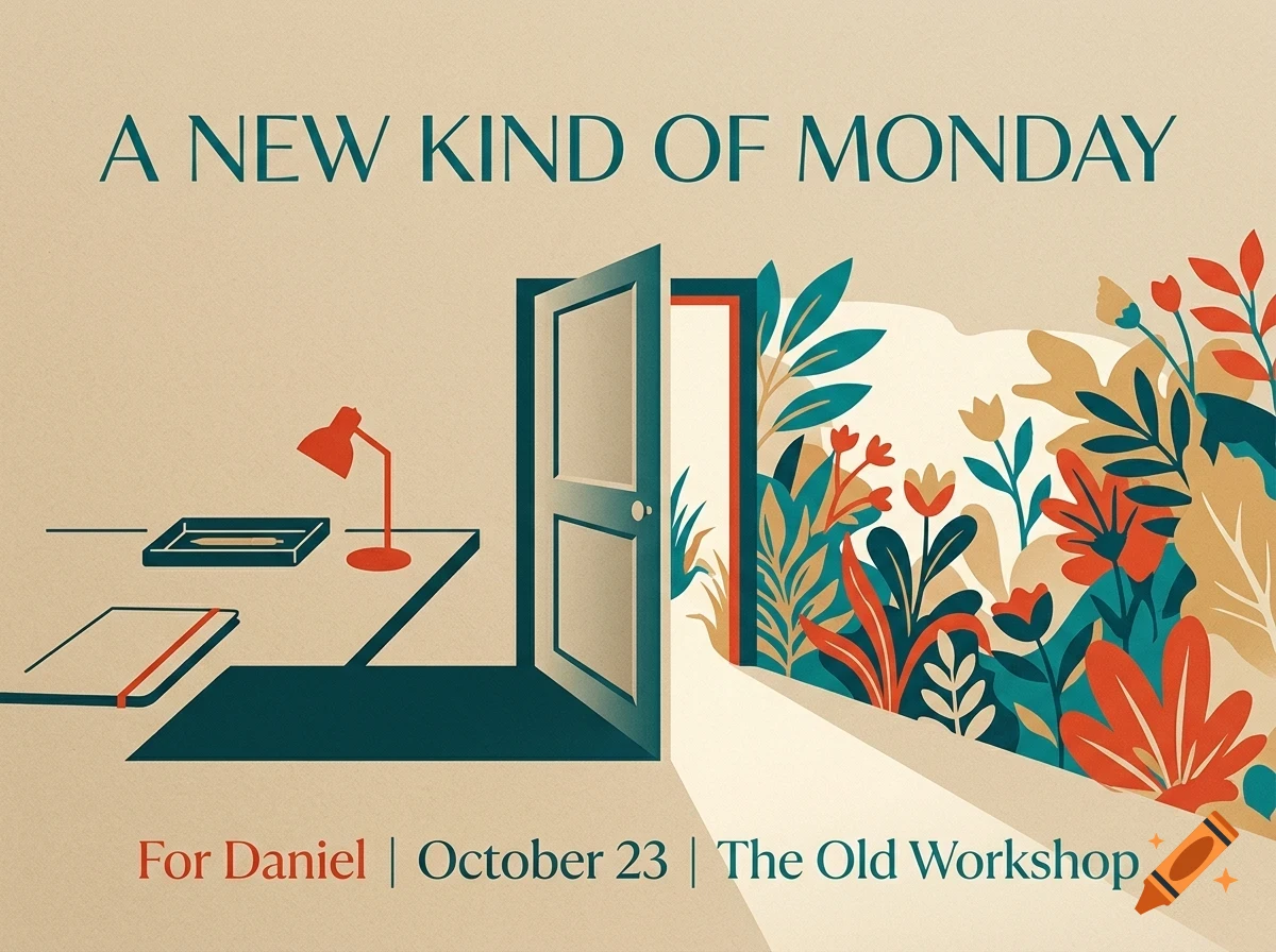 An illustrated poster showing an open office door revealing a vibrant landscape of plants and flowers, with text reading A New Kind Of Monday.