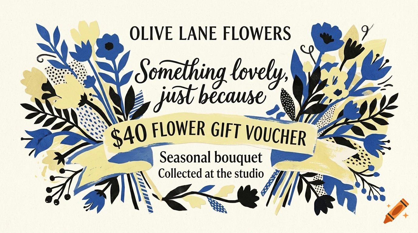 An illustrated flower gift voucher featuring blue and yellow floral artwork and typography reading Olive Lane Flowers.