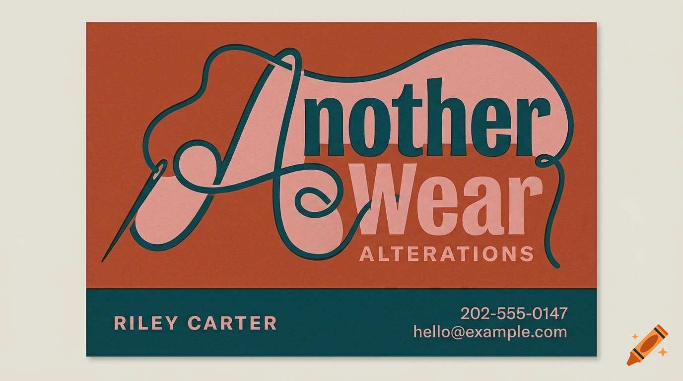 A business card design for 'Another Wear Alterations' with a threaded needle graphic, text, name, phone number, and email.