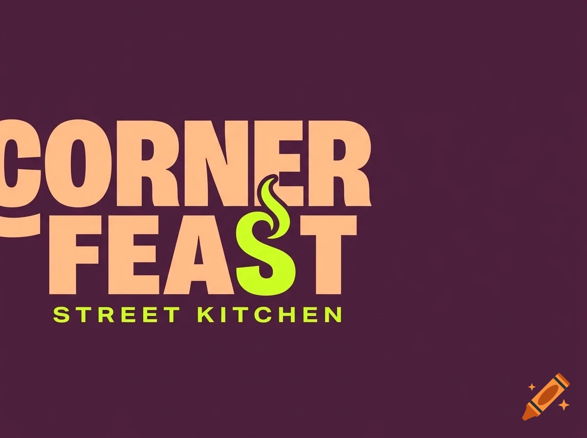 A logo design with the text CORNER FEAST STREET KITCHEN in peach and green on a dark purple background.