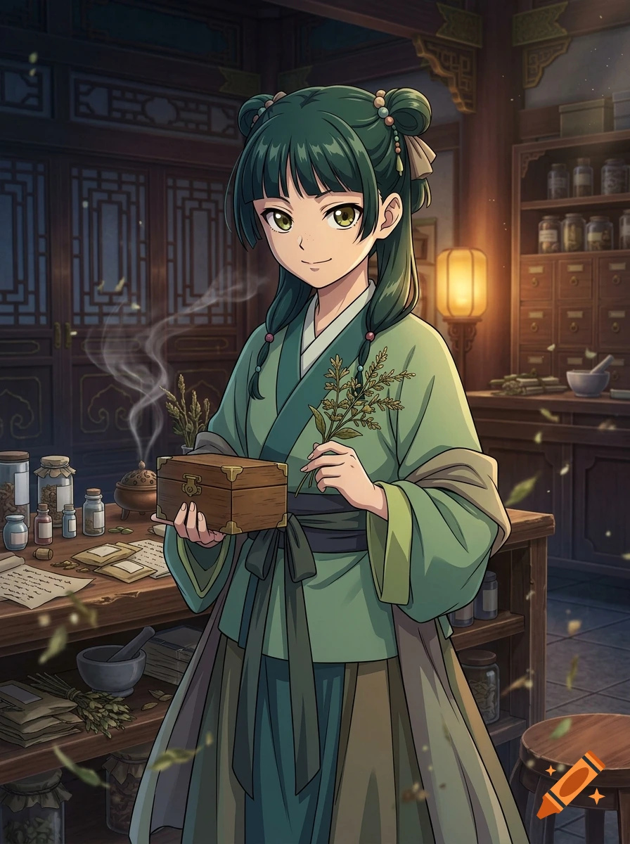 Anime style illustration of a young female apothecary with green hair holding a small wooden box and herbs in a traditional shop.