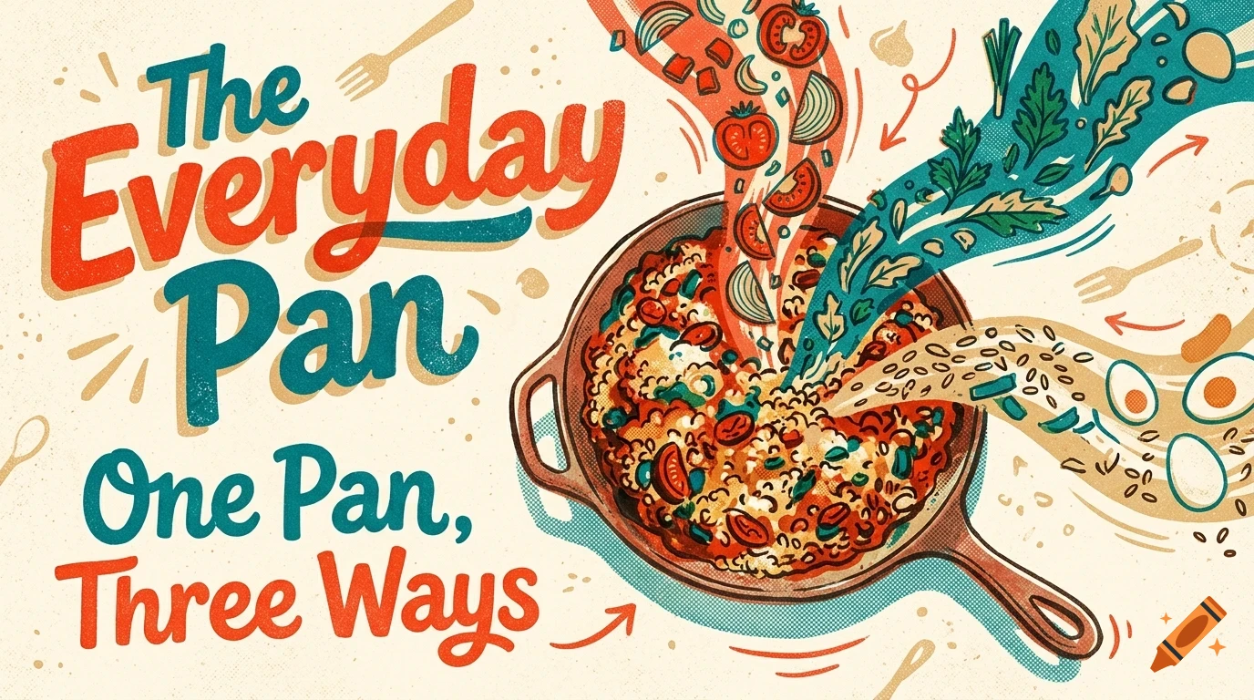 An illustrated poster with the text The Everyday Pan and One Pan, Three Ways, showing a pan with ingredients like tomatoes, onions, greens, and eggs pouring into it.