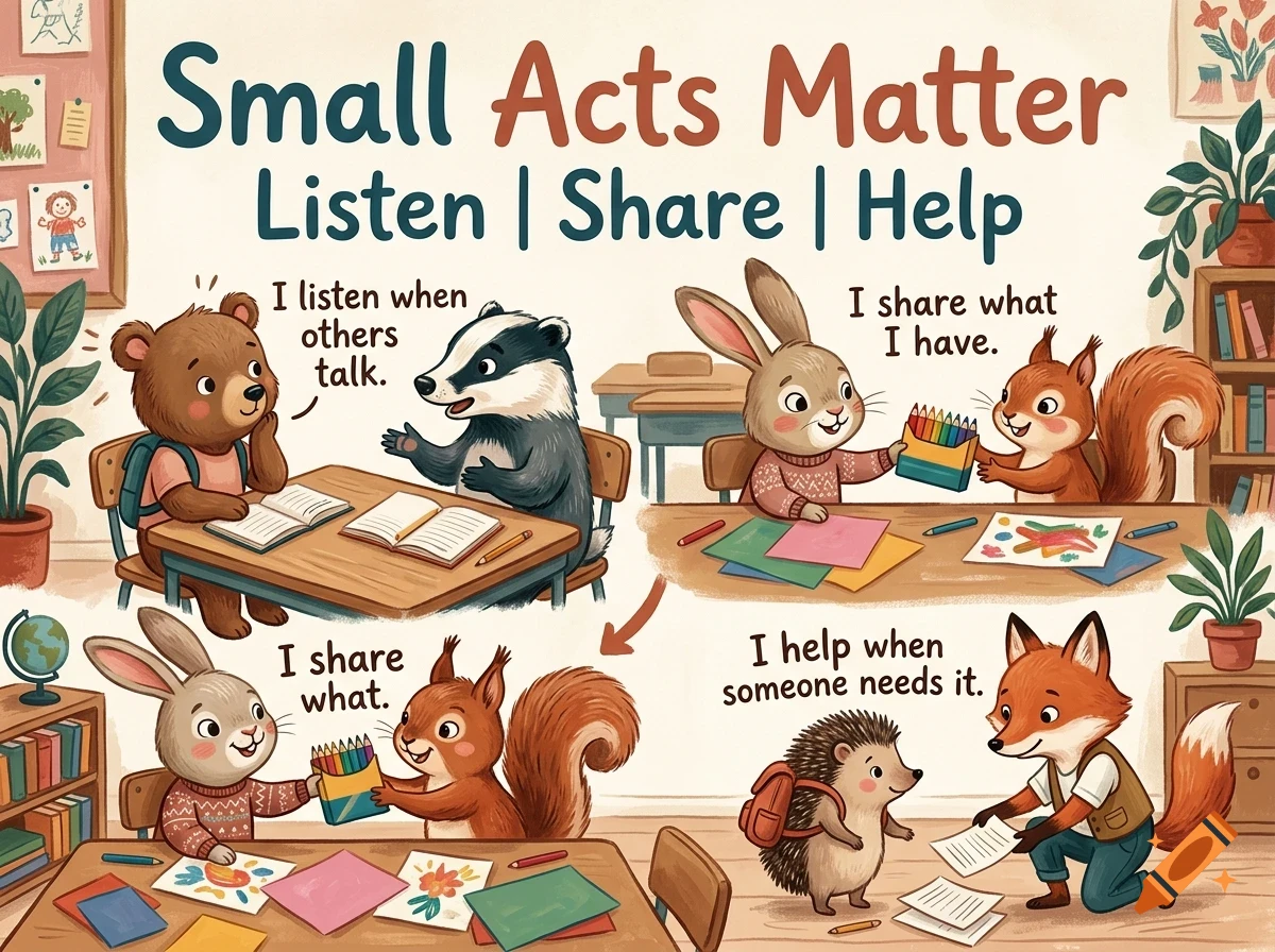 An illustrated educational poster showing anthropomorphic woodland animals interacting in a classroom, with text reading Small Acts Matter.