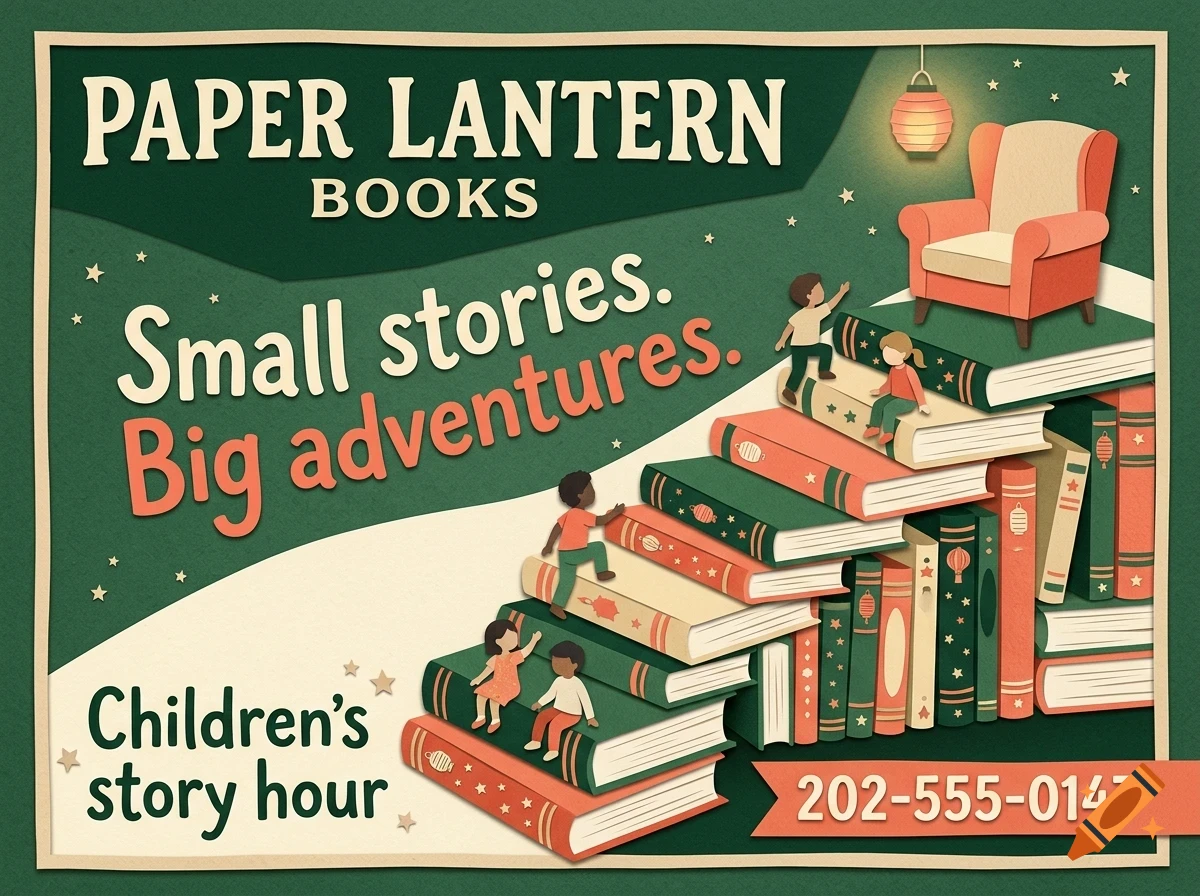 An illustrated poster for Paper Lantern Books showing a stack of books forming stairs with small children climbing them and an armchair at the top.