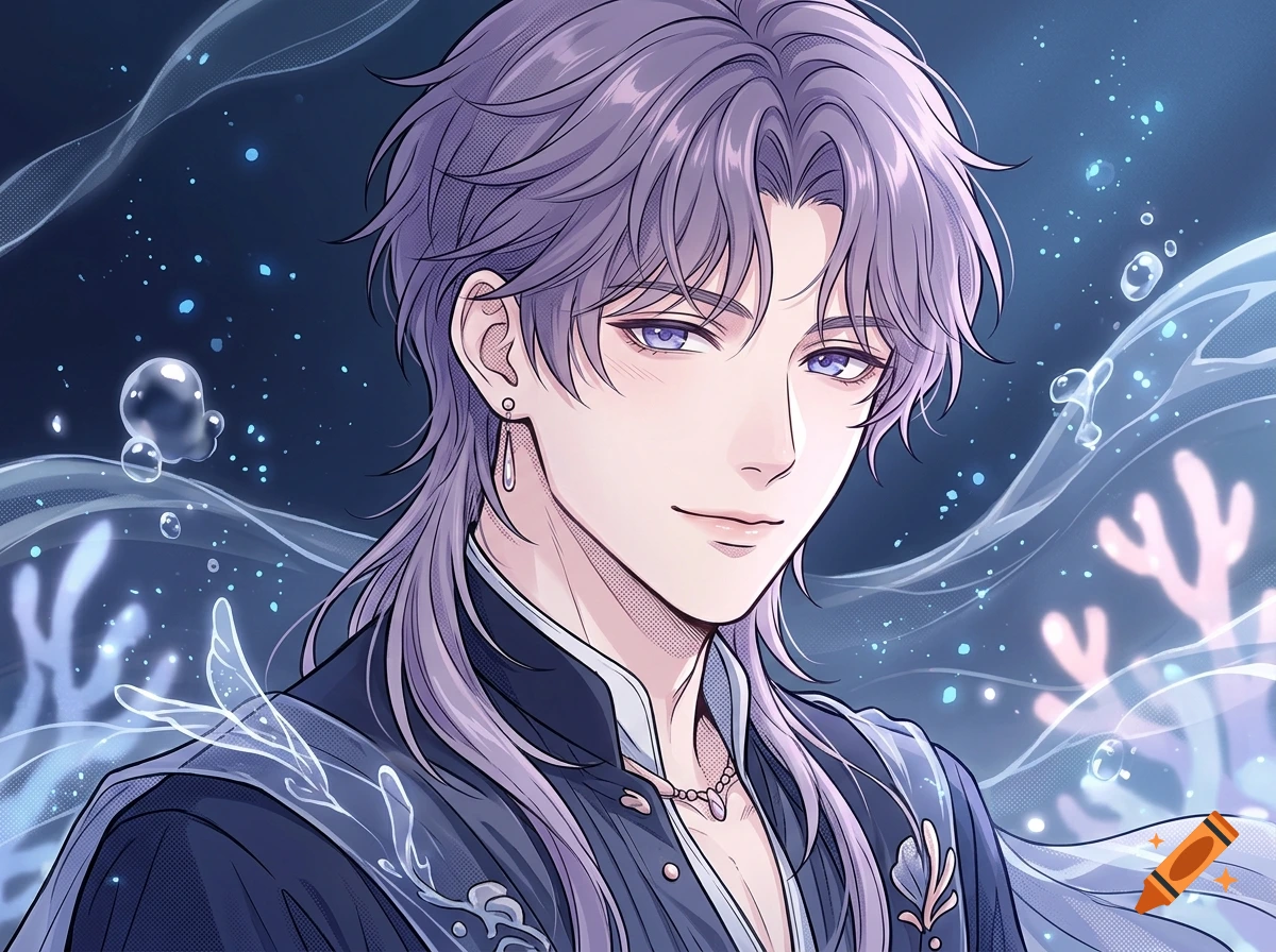 Manga style digital art of a handsome male character with purple hair and eyes against an underwater themed background with bubbles.