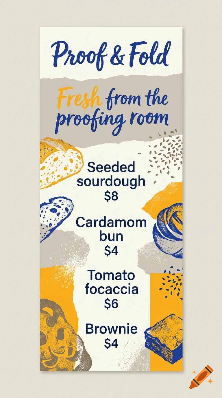 An illustrated menu for a bakery named Proof & Fold featuring breads and pastries with prices.