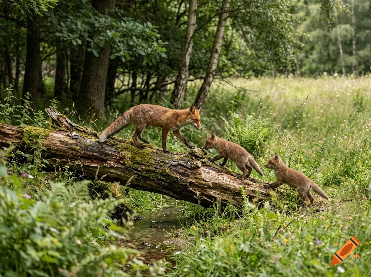 An adult fox and two kits walking along a mossy fallen log over a stream in a forest.