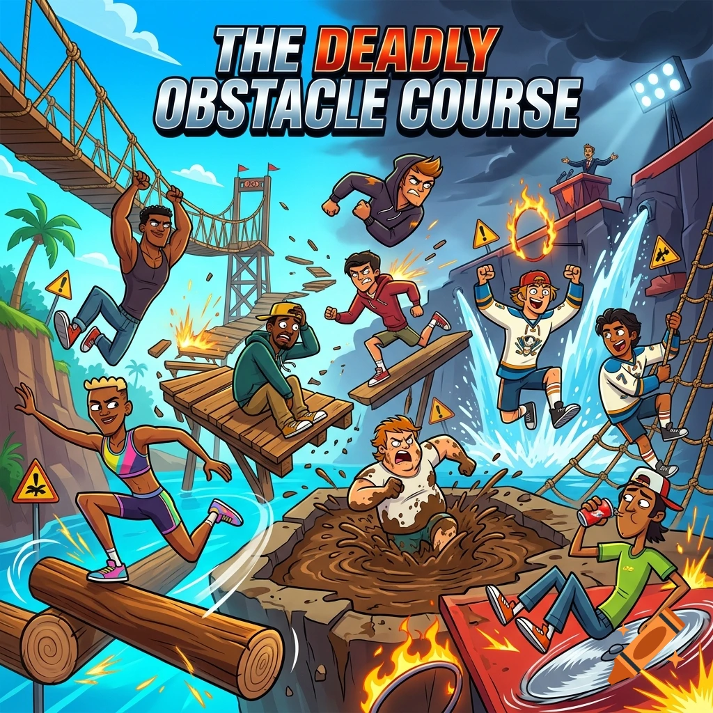 Cartoon illustration of characters competing in a dangerous obstacle course, with the title 'THE DEADLY OBSTACLE COURSE' at the top.