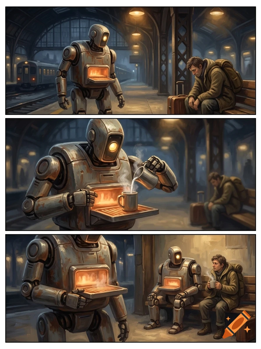 A three-panel comic strip showing a robot serving a hot drink to a sad traveler waiting at a train station.