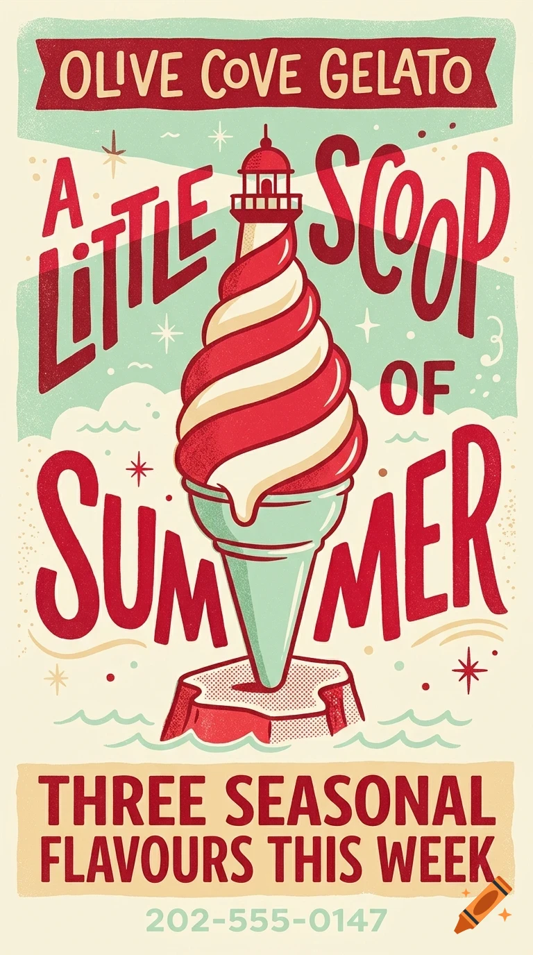 An illustrated poster for Olive Cove Gelato featuring a soft-serve ice cream cone shaped like a lighthouse with red and white stripes.