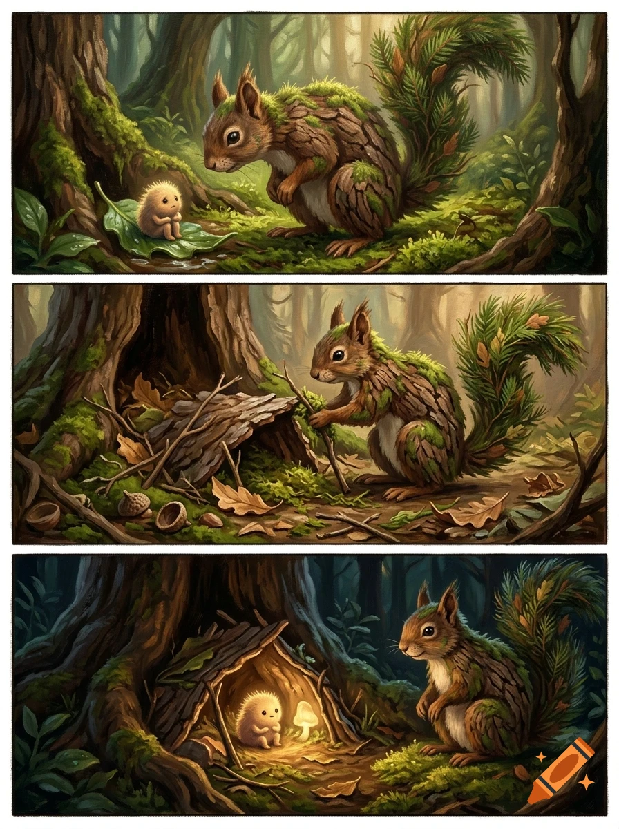 A three-panel illustration showing a squirrel with bark-like fur interacting with a tiny creature in a forest.