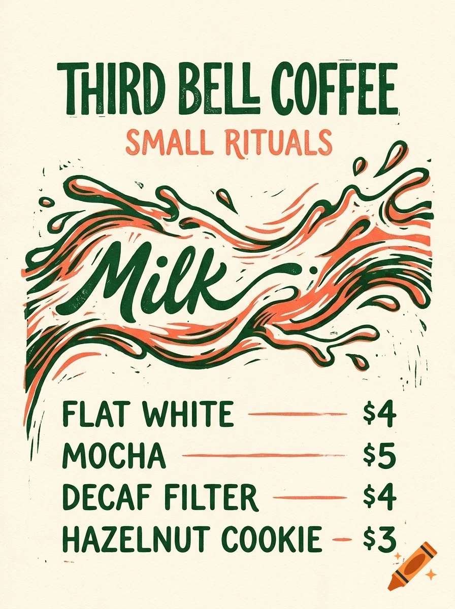 An illustrated coffee shop menu with green and salmon-colored lettering and a splash graphic.