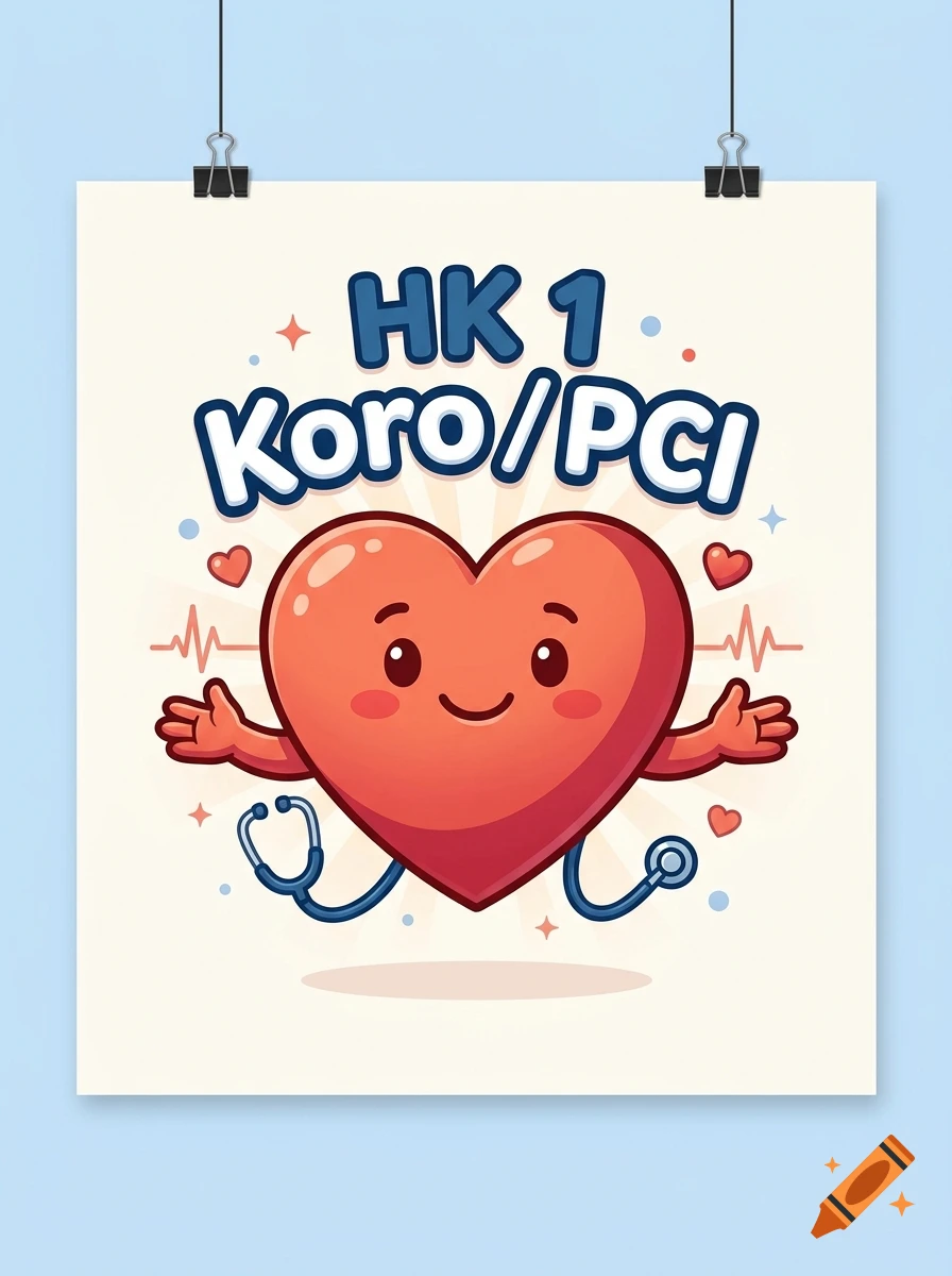 Cartoon illustration of a cute smiling heart character with a stethoscope holding its arms out, with the text HK 1 Koro/PCI.