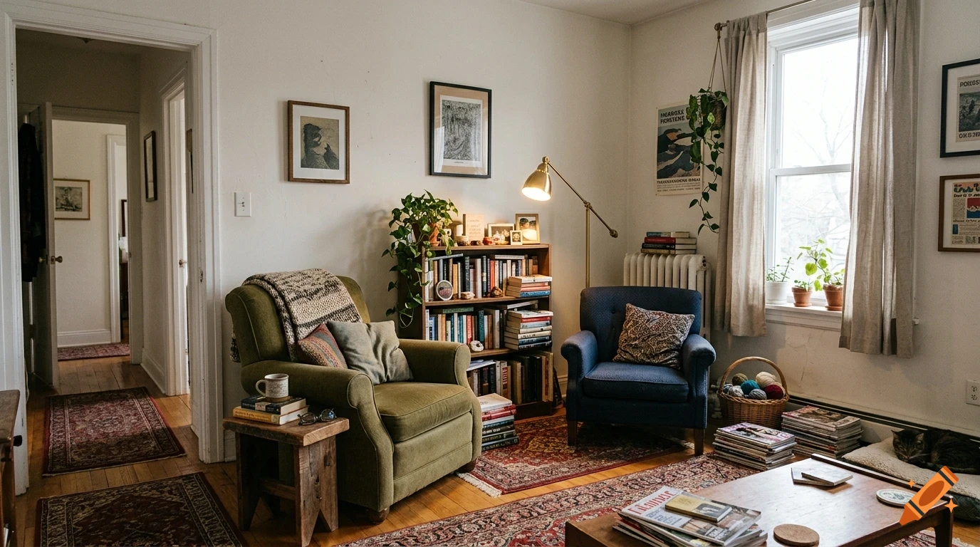 A cozy living room with a green armchair, a blue armchair, a small bookshelf, plants, and a window.