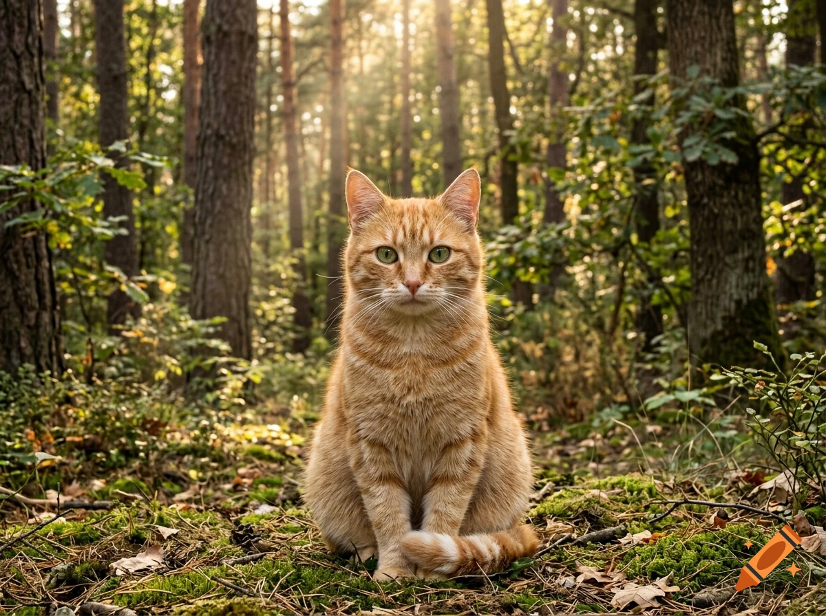 Photorealistic image of an orange tabby cat sitting in a sunlit forest.