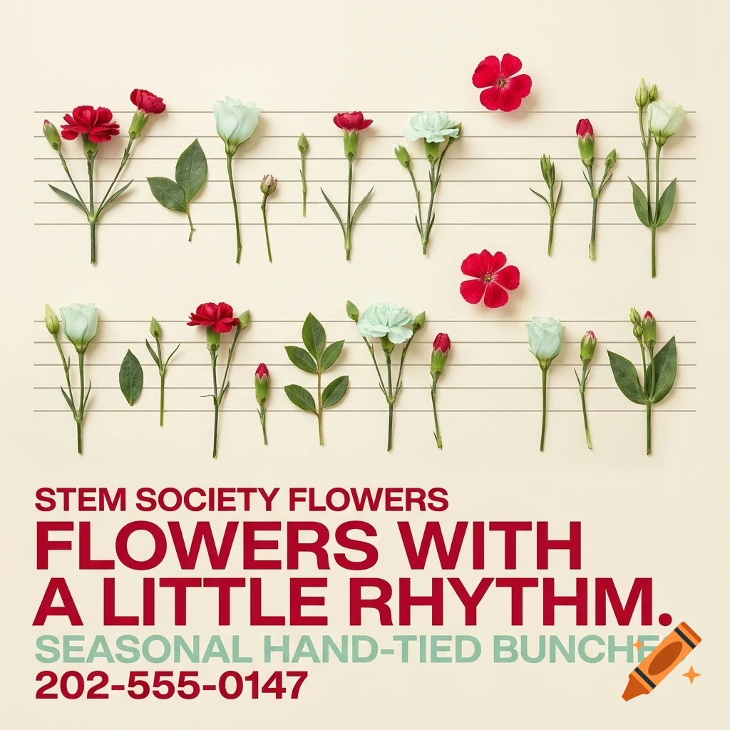 An overhead shot of red and white flowers arranged like musical notes on a staff, with red text below reading STEM SOCIETY FLOWERS FLOWERS WITH A LITTLE RHYTHM