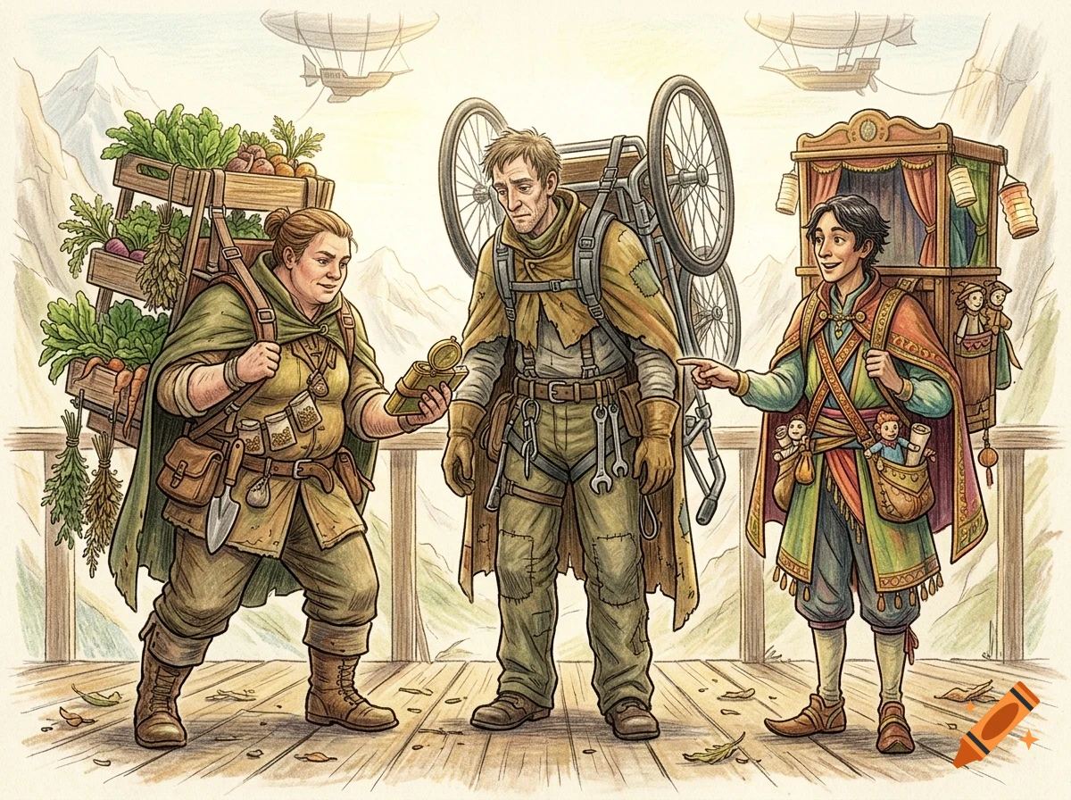 An illustration of three travelers standing on a wooden platform outdoors, with airships in the sky and mountains in the background.