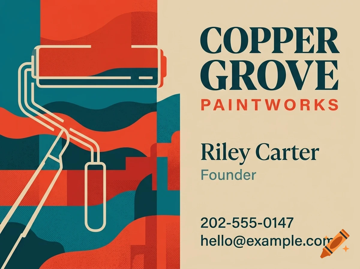 A business card design for Copper Grove Paintworks featuring a paint roller graphic and retro typography.