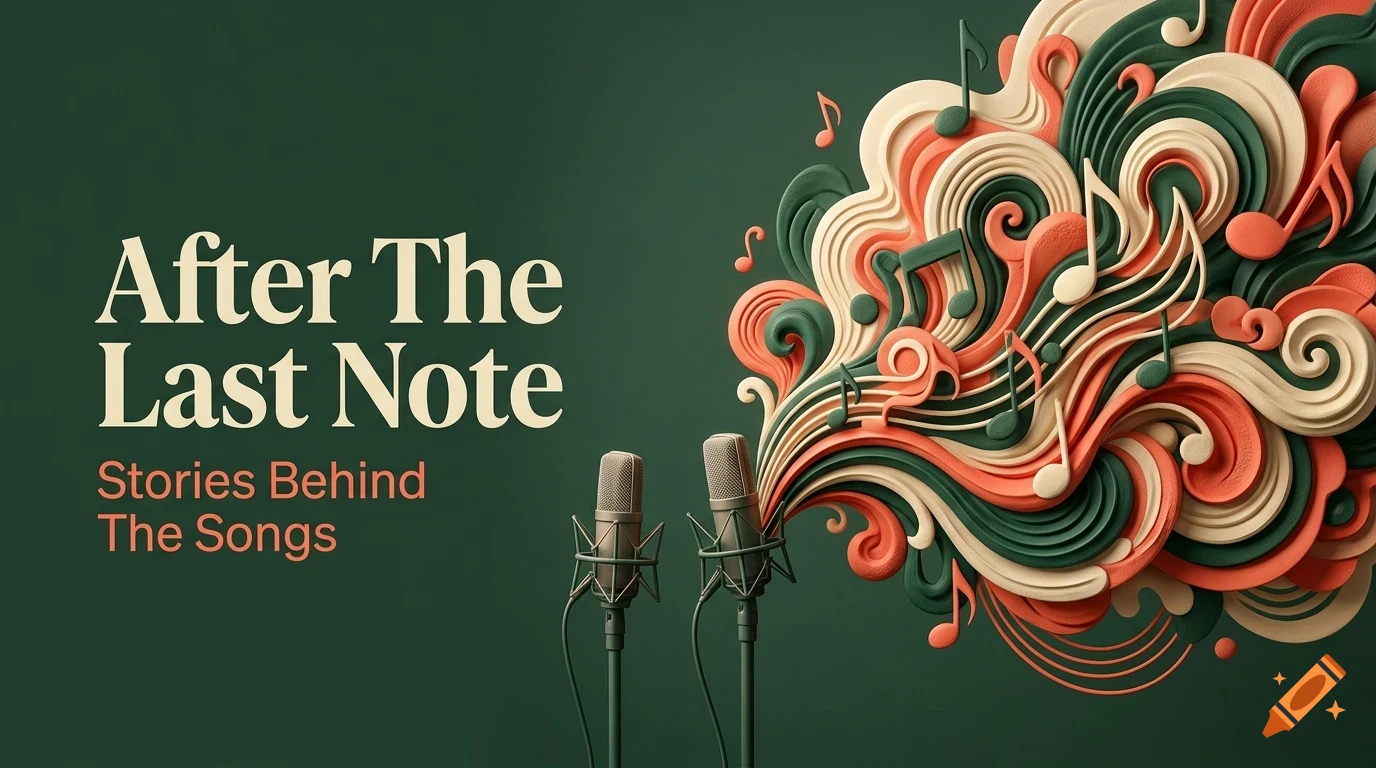 Two microphones stand against a dark green background with swirling paper-art waves of music notes and lettering that reads After The Last Note Stories Behind The Songs.