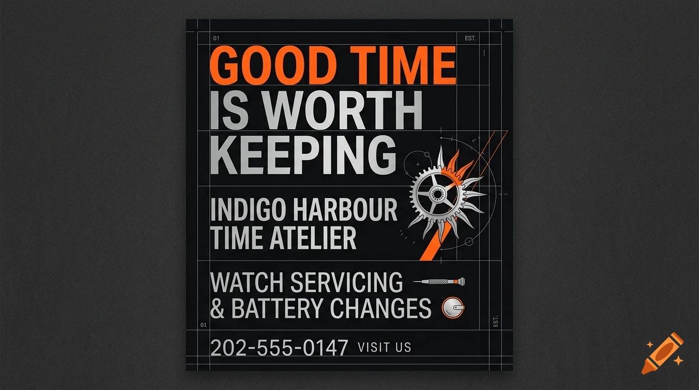 A poster for Indigo Harbour Time Atelier featuring text about watch servicing, a gear graphic, and blueprint-style grid lines on a dark background.