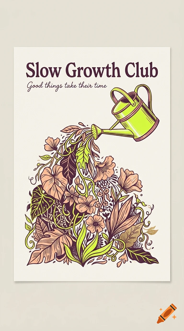 An illustration of a green watering can pouring a cascade of flowers, leaves, and vines, with the text 'Slow Growth Club' above.