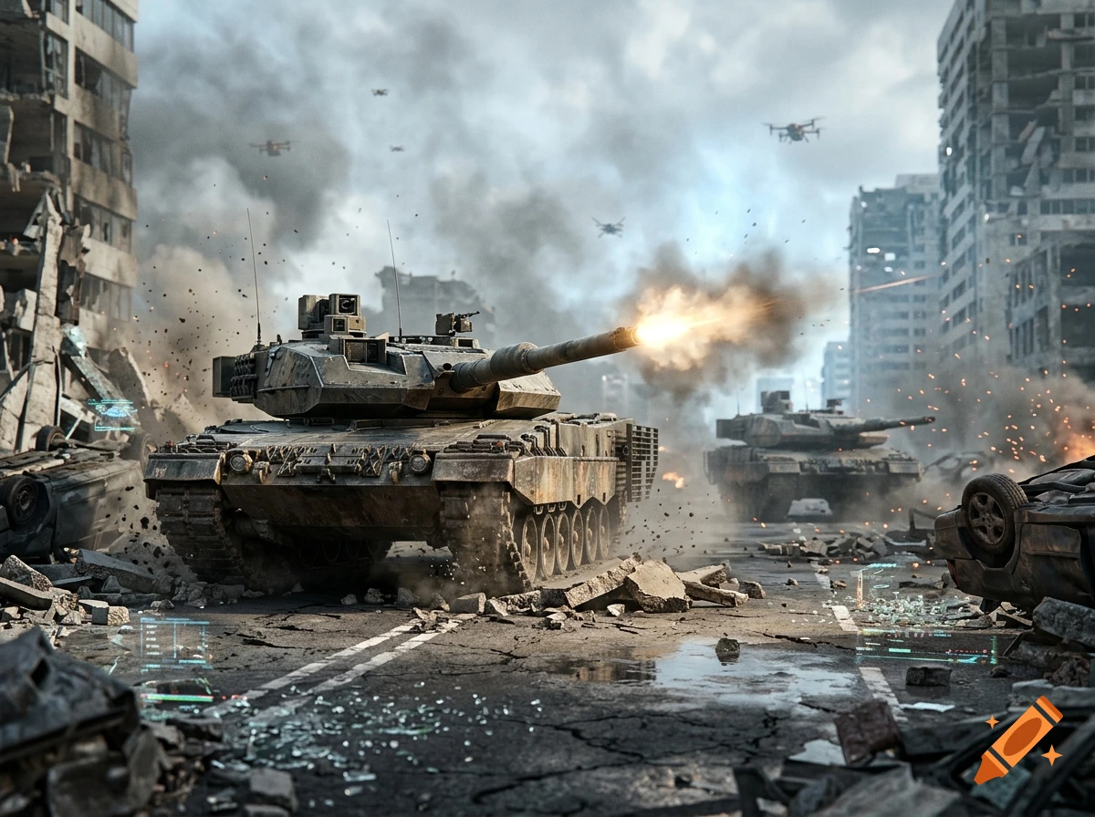 Photorealistic scene of futuristic tanks in combat amidst a destroyed city street with smoke and drones.