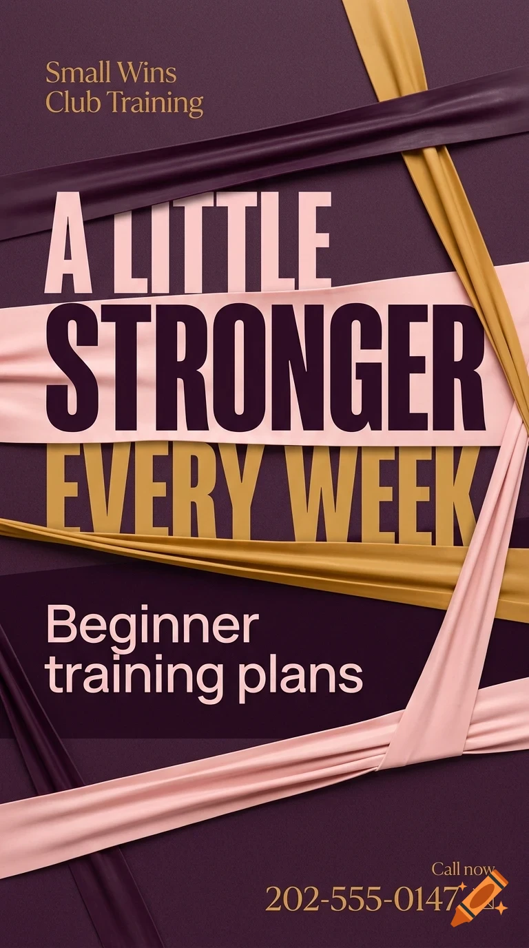 A poster design with text reading A LITTLE STRONGER EVERY WEEK, accompanied by overlapping ribbons and dark background.