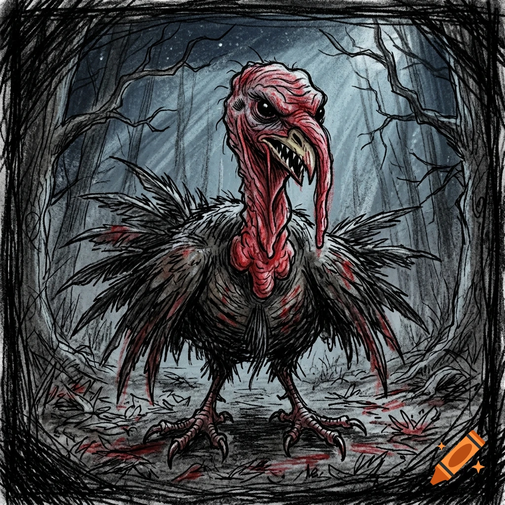 Scary cartoon turkey with bloody feathers and sharp teeth standing in a dark, sketchy forest.