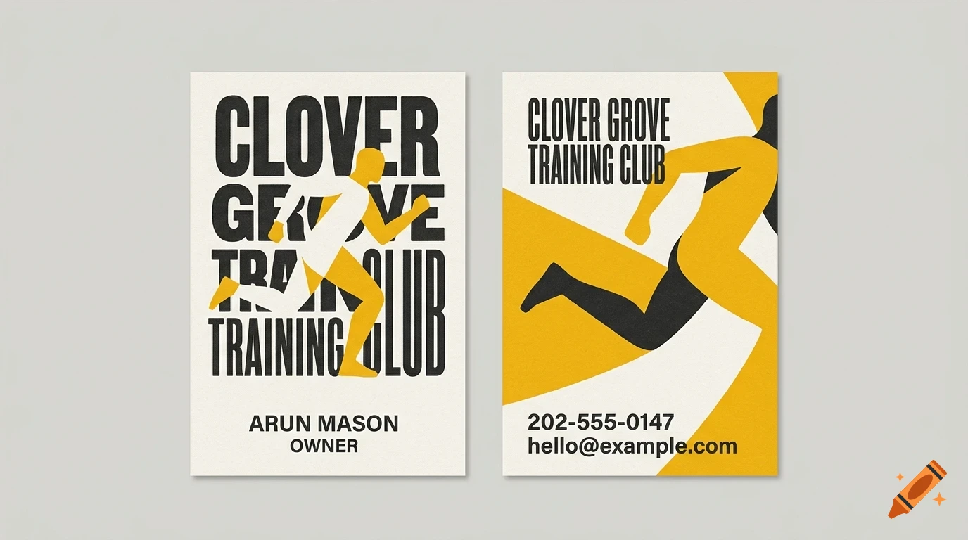 Two business cards for Clover Grove Training Club featuring yellow and black running silhouettes and typography.