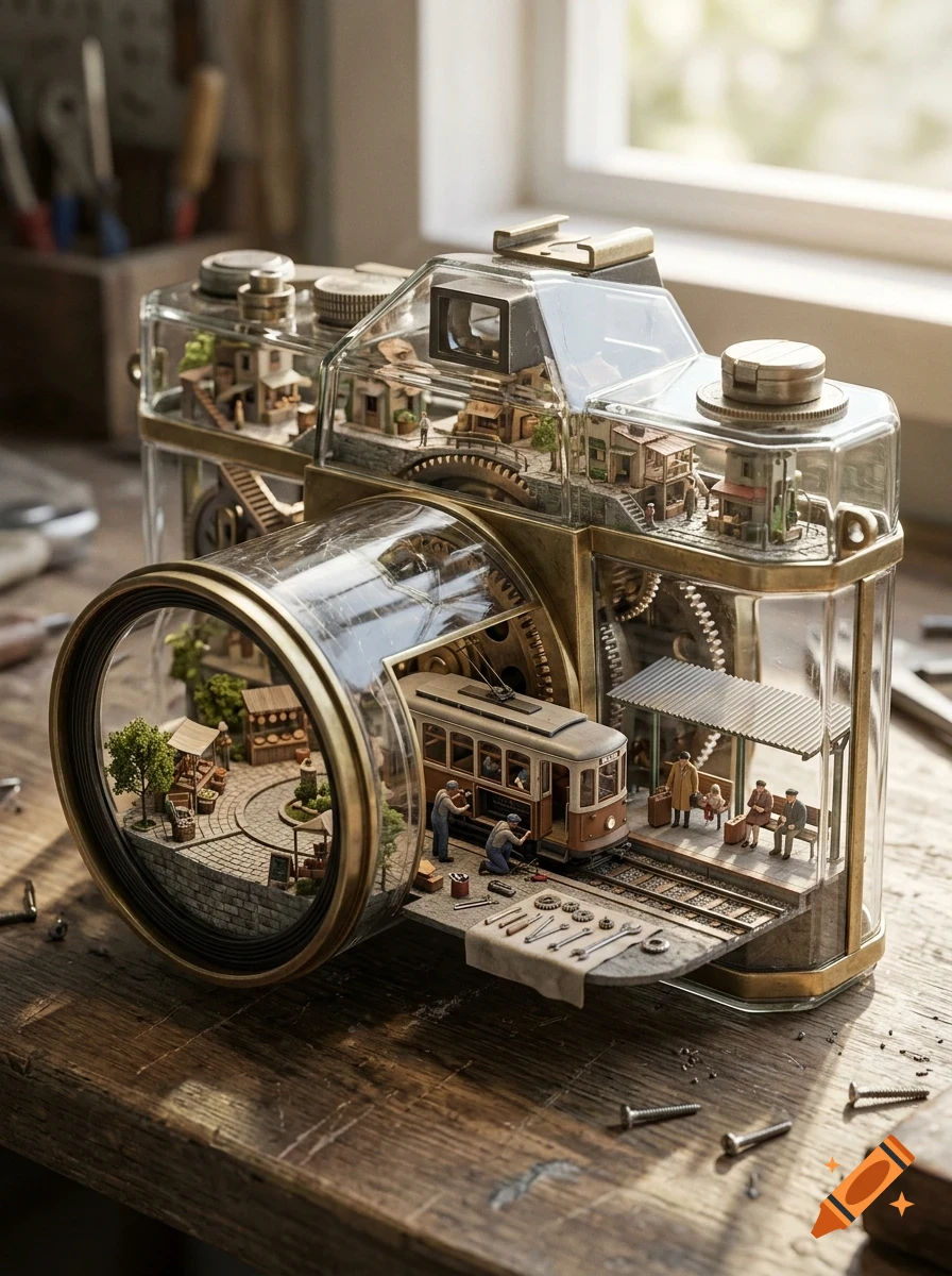 A detailed miniature world inside a transparent glass and brass camera, featuring a small street, buildings, and a tram on tracks.