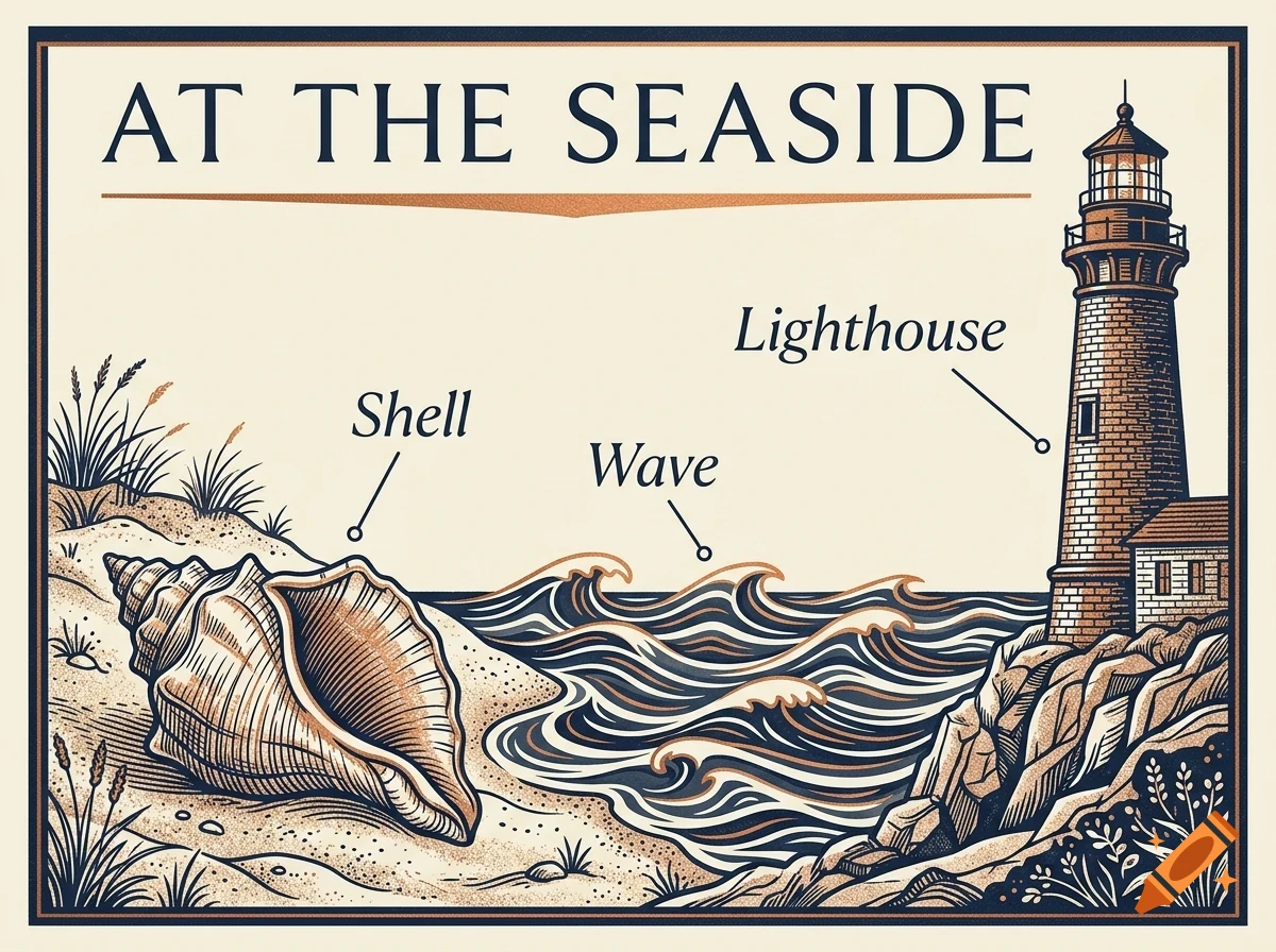 An educational diagram titled AT THE SEASIDE, featuring a large seashell on a sandy beach, ocean waves, and a lighthouse on rocky shores.