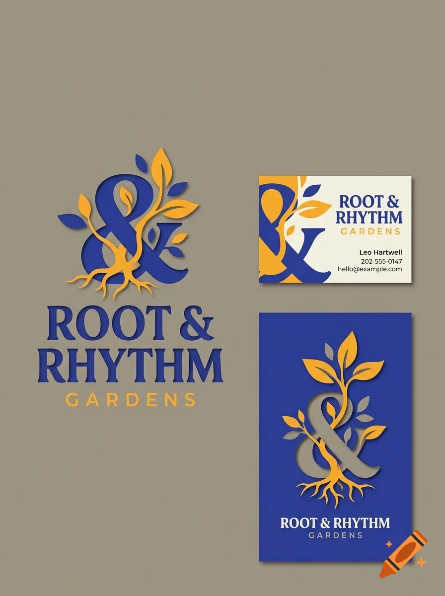 Branding mockup displaying a logo with an ampersand entwined with roots and leaves, alongside a business card and stationery bearing the text Root and Rhythm Gardens.