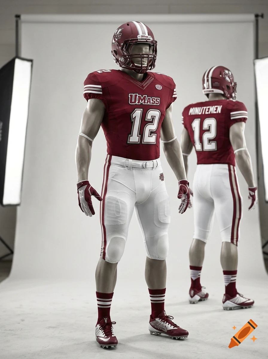 Photorealistic mockup of a red and white UMass football uniform on two mannequins in a studio.