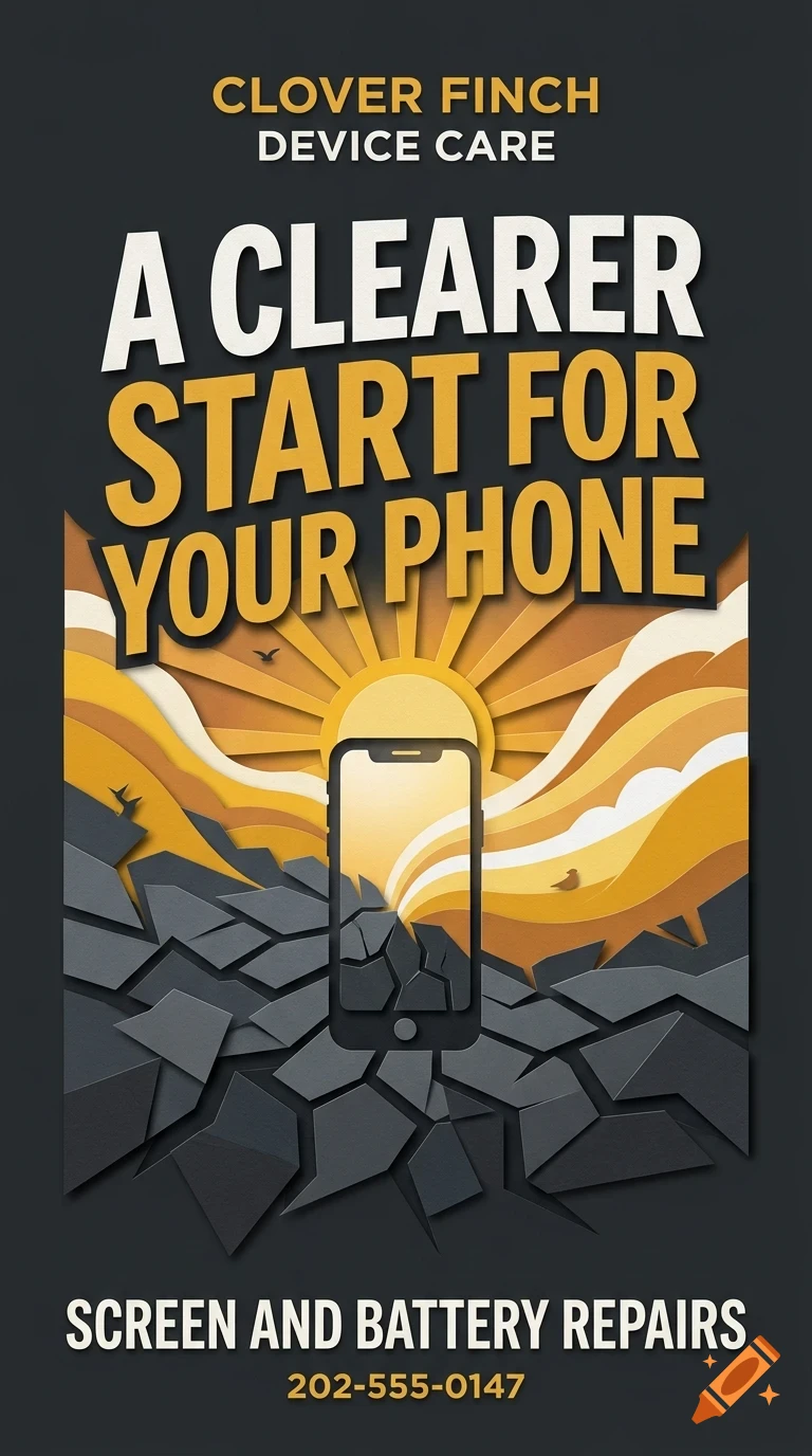 An advertisement for device care showing a cracked phone over a stylized landscape with a sun and mountains, with text overlay.