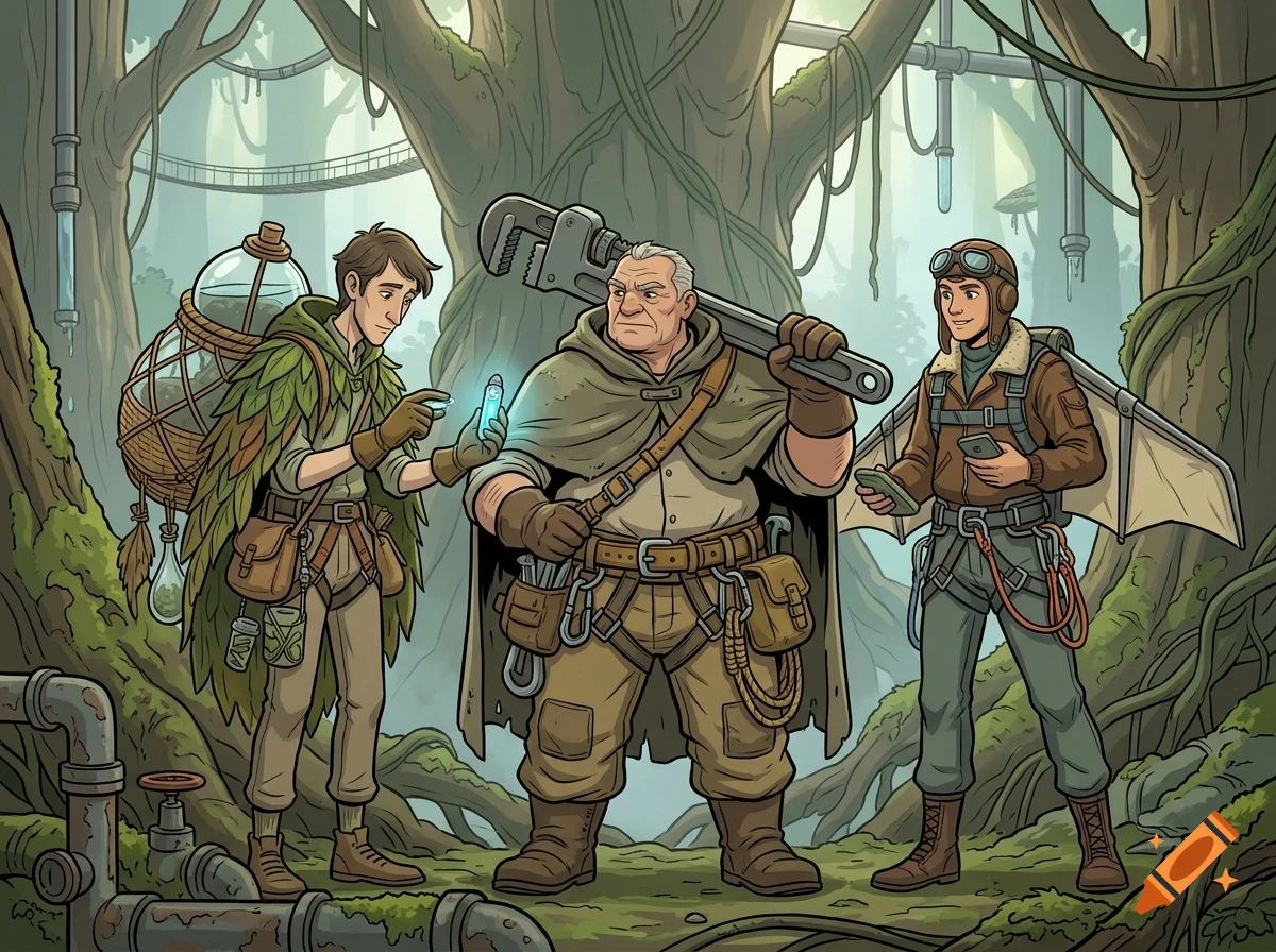 An illustration of three fantasy adventurers standing in a forest with pipes and vines, including a person examining a glowing vial, a large mechanic holding a pipe wrench, and a pilot with mechanical wings.