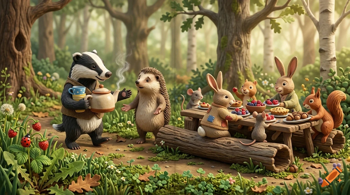 An anthropomorphic badger pouring tea for a hedgehog, while other forest animals gather around a wooden picnic table in a lush woodland.