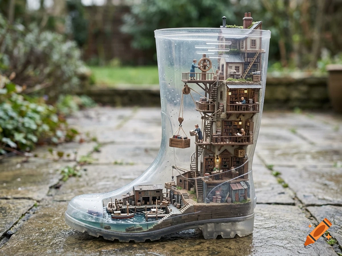 A miniature multi-story building and harbor built inside a clear plastic rain boot standing outdoors on stone paving.