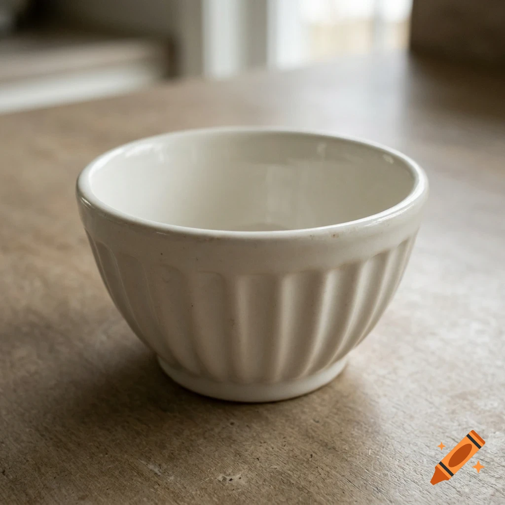 A white ceramic mixing bowl with vertical ribs sits on a wooden table.
