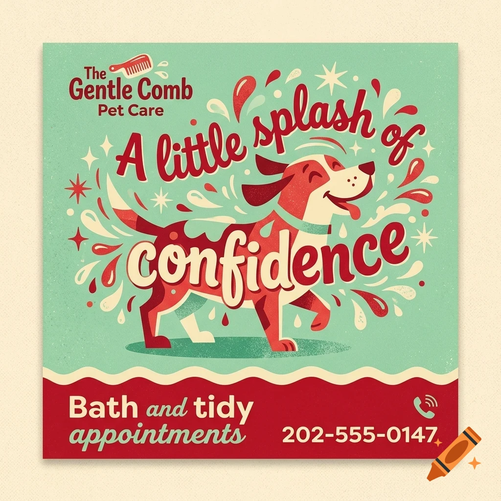 An illustrated graphic for The Gentle Comb Pet Care featuring a happy dog splashing water, with text that reads A little splash of confidence.