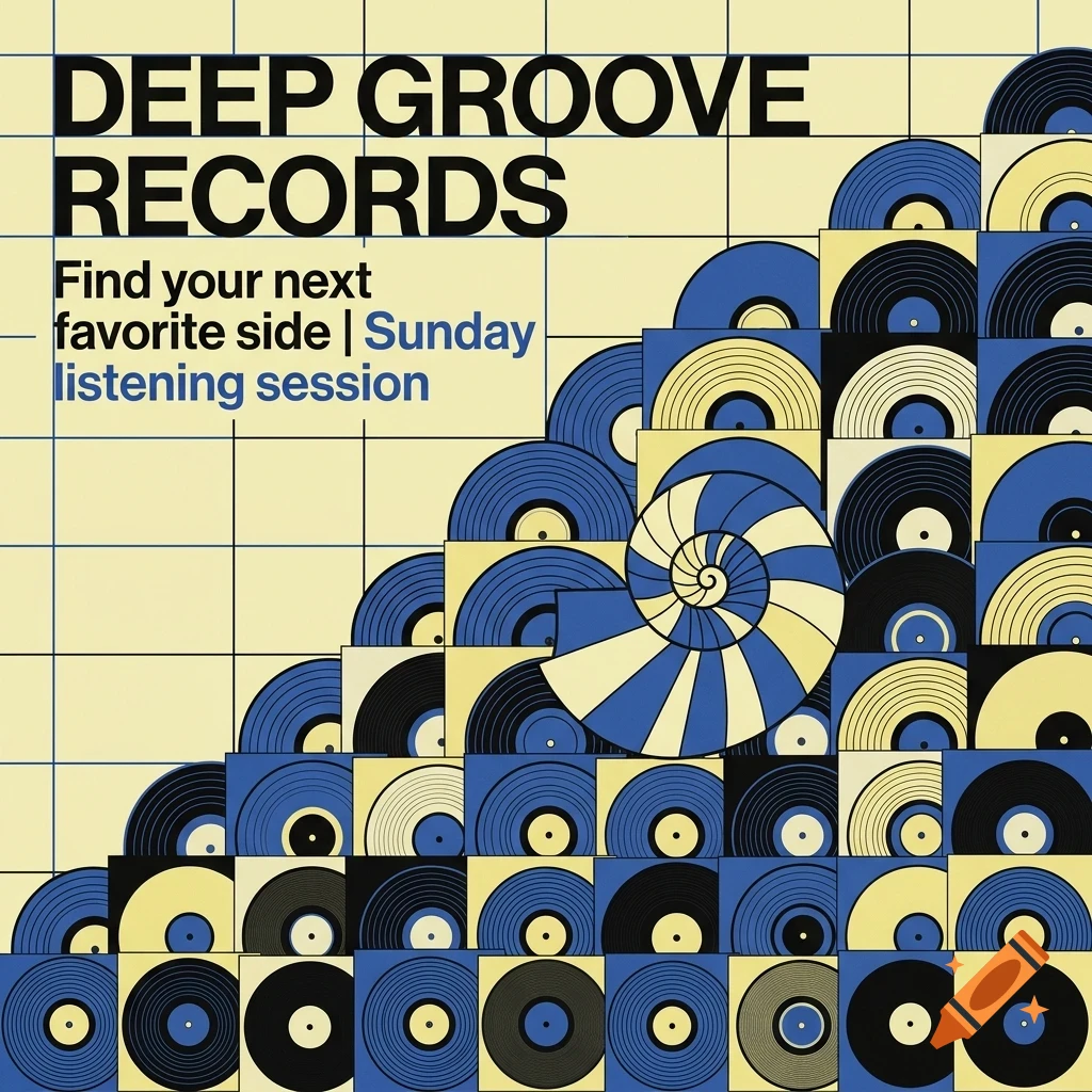 Graphic poster design featuring stacks of vinyl records arranged in a spiral pattern with the text Deep Groove Records.