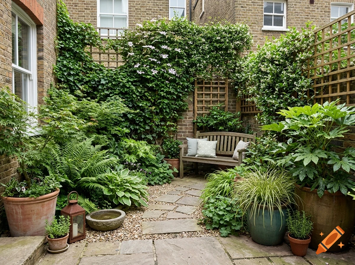 A lush, enclosed courtyard garden with brick walls, stone paving, climbing vines, potted plants, and a wooden bench.