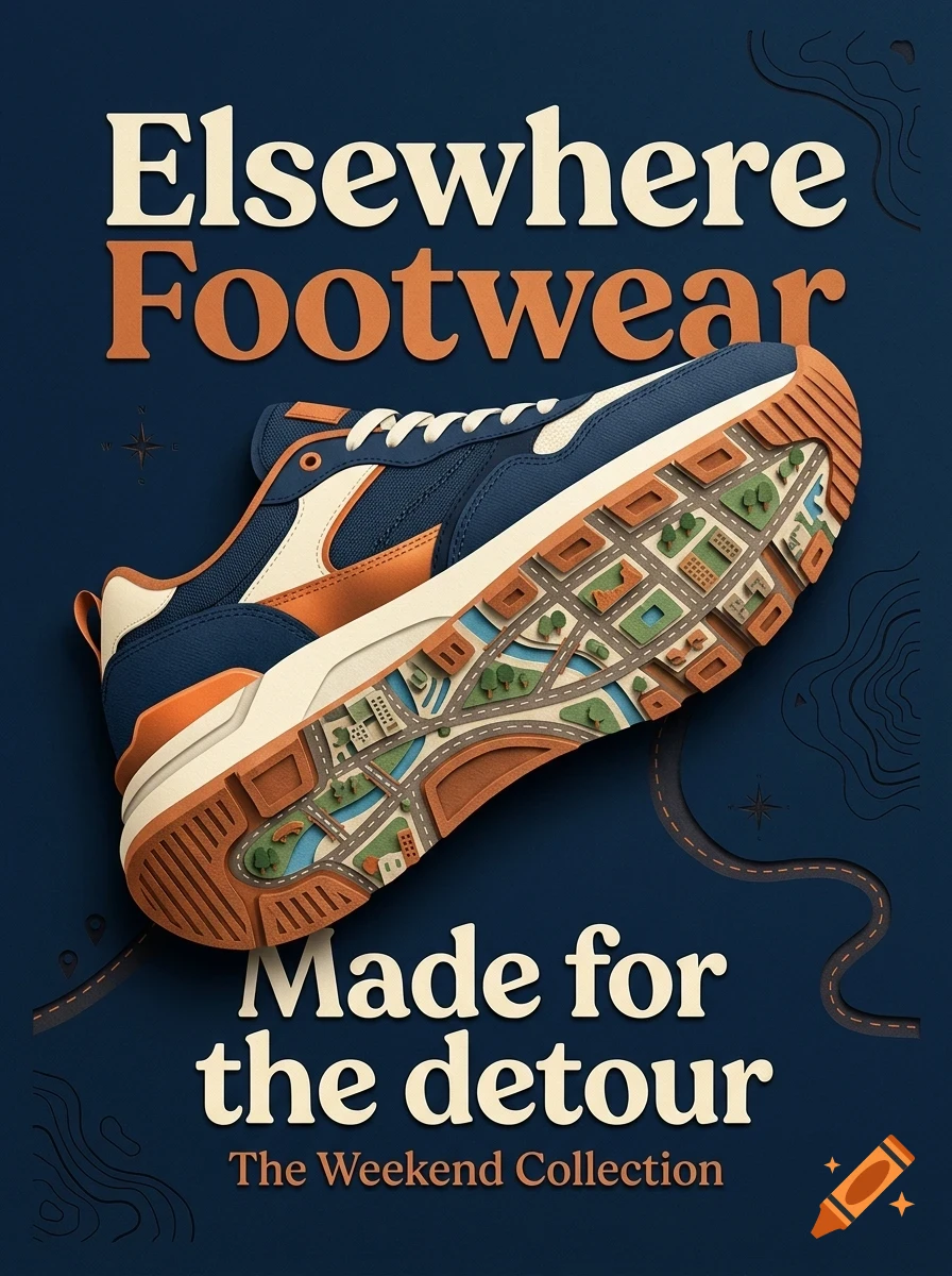 An advertisement for Elsewhere Footwear featuring a sneaker with a sole designed like a city map, against a dark blue background with text.