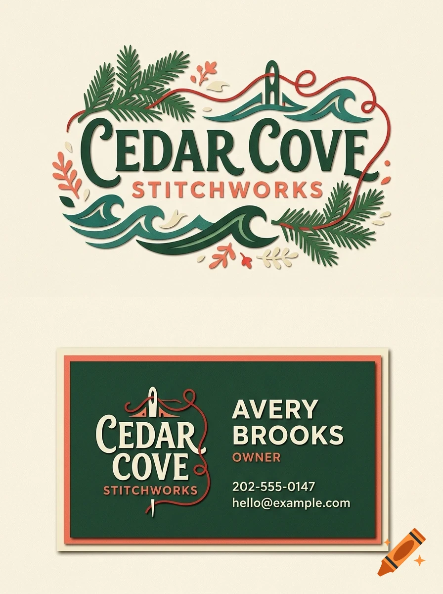 A business card and logo design for Cedar Cove Stitchworks featuring evergreen branches, waves, a sewing needle, and red thread.