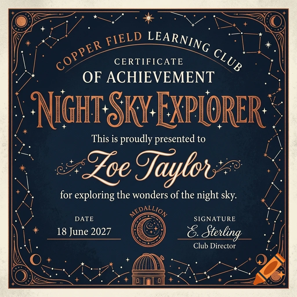 An ornate certificate of achievement titled Night Sky Explorer, featuring copper-colored lettering and celestial borders on a dark blue background.