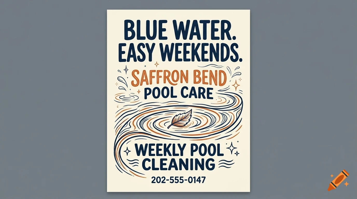 An illustrative poster for Saffron Bend Pool Care with stylized lettering and a floating leaf in swirling water.