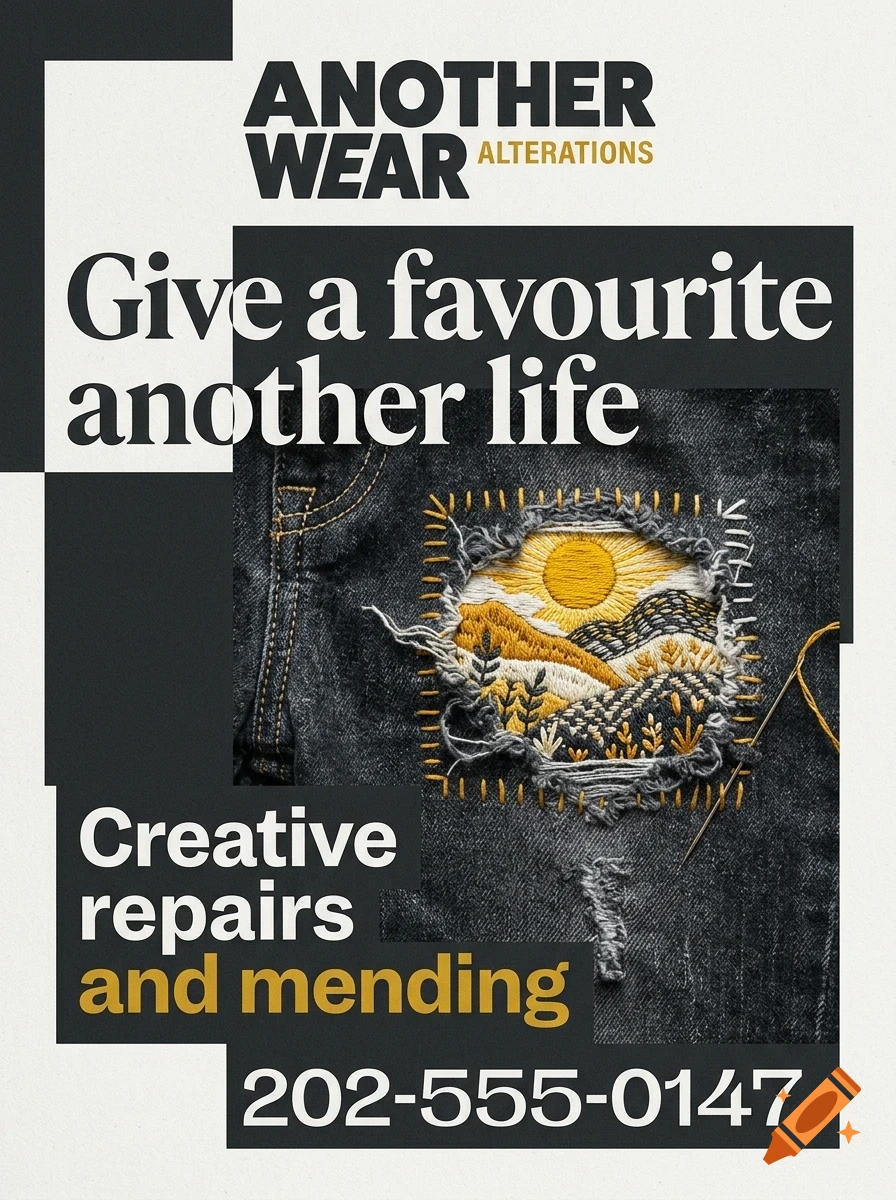 An advertisement for Another Wear Alterations showing embroidered landscape patch on denim fabric.
