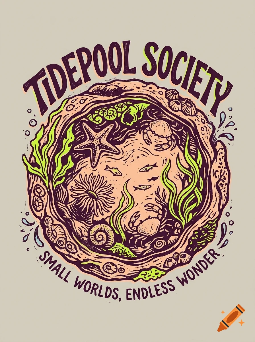 An illustration of a tide pool containing sea life such as a starfish, crabs, fish, seaweed, and shells, with the text TIDEPOOL SOCIETY and SMALL WORLDS, ENDLESS WONDER.