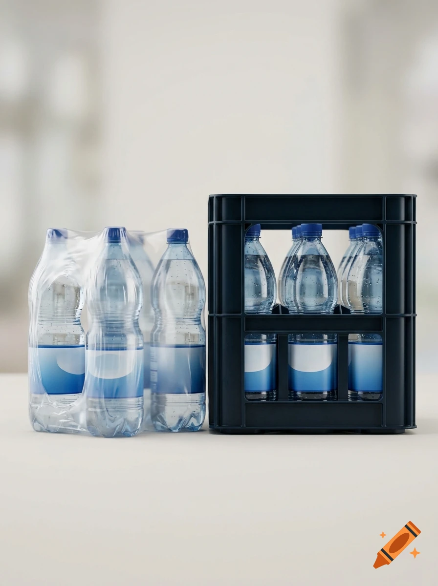 A photorealistic image of a six-pack of bottled water wrapped in plastic next to a crate containing nine water bottles.