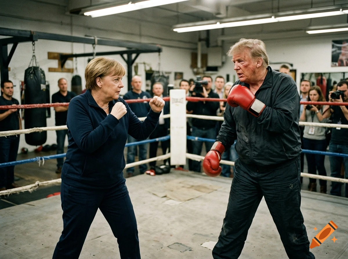 Photorealistic image of Angela Merkel and Donald Trump sparring in a boxing ring.