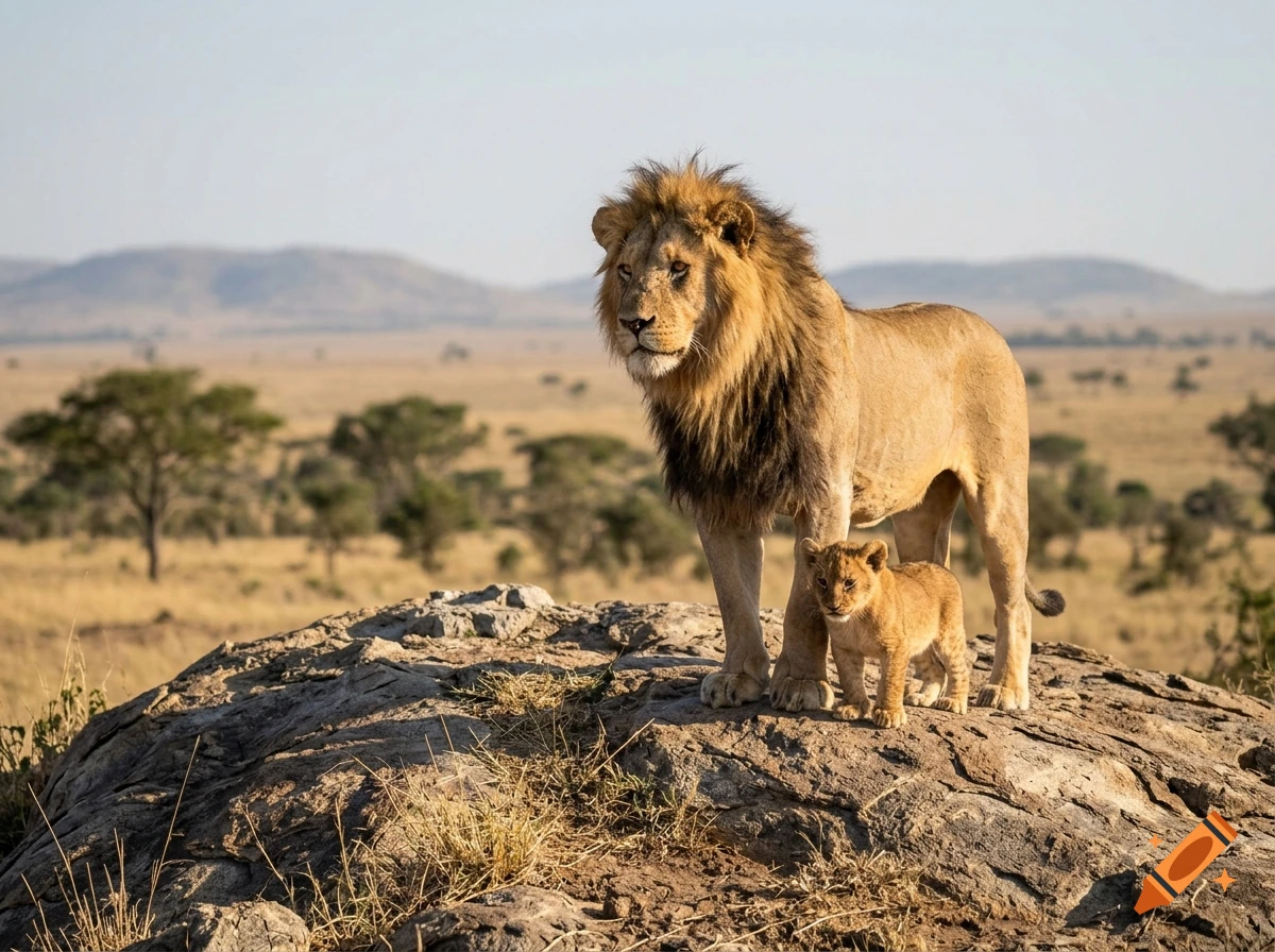 An adult male lion and a small lion cub standing on a rocky outcrop in an African savanna.